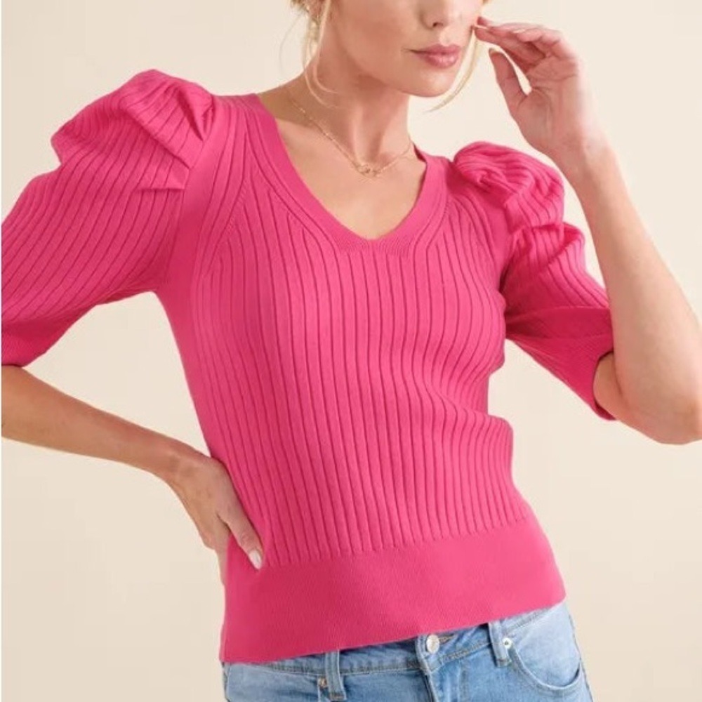 ANDTHEWHY Los Angeles Hot‎ Pink Ribbed V-Neck Puff Sleeve Knit Top SM NEW
